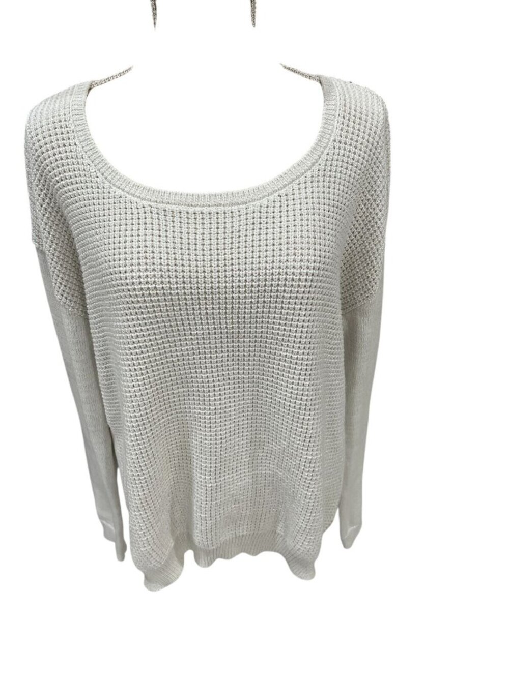 Calvin Klein Jeans Womens White Waffle Knit Sweater L Long Sleeve Scoop Neck Lig